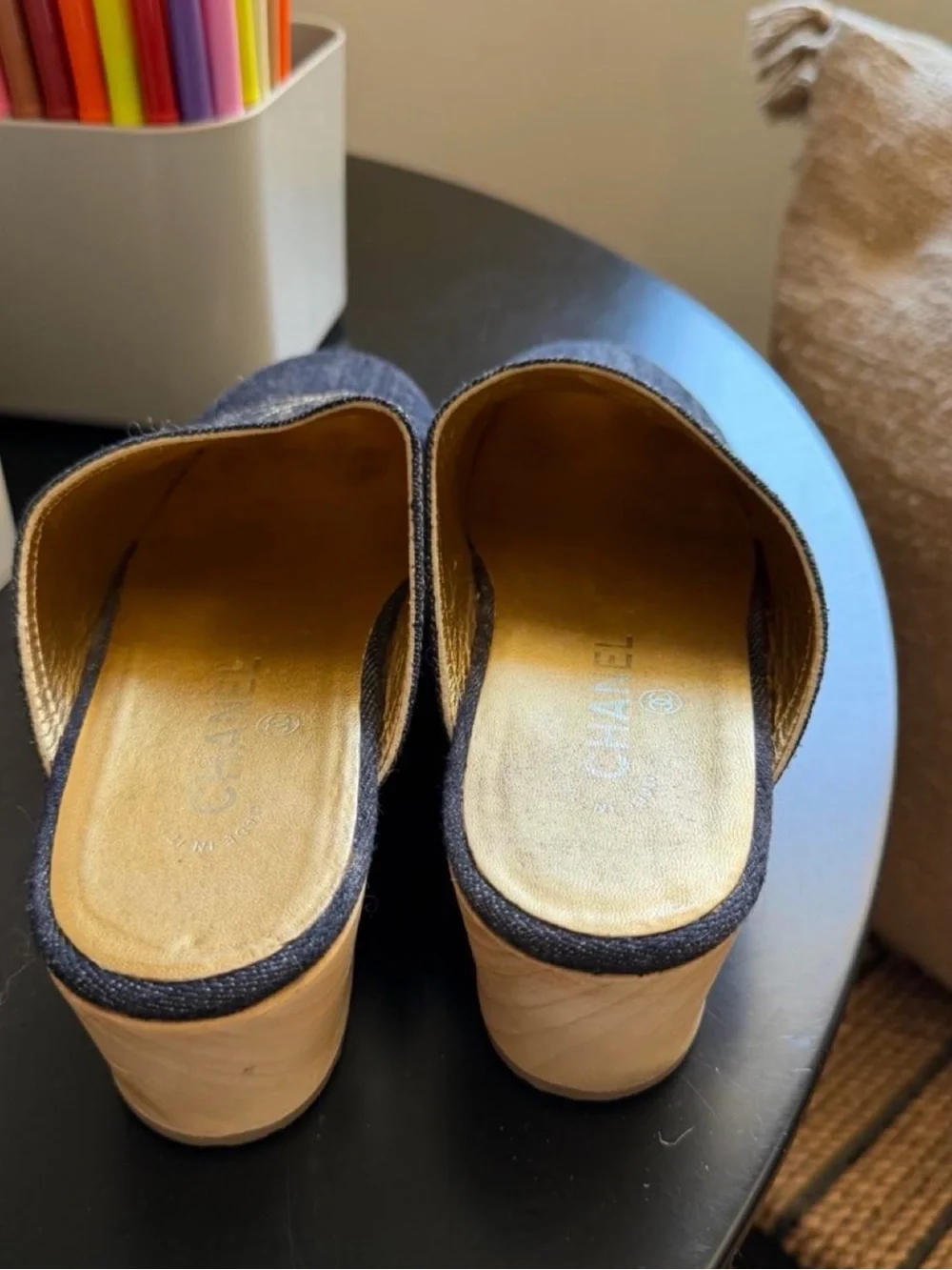 CHANEL Black Denim Logo Slip-On Mules